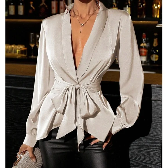 COPY - Luxe Satin Plunging Neck belted Long Sleeve Blouse - Picture 2 of 7